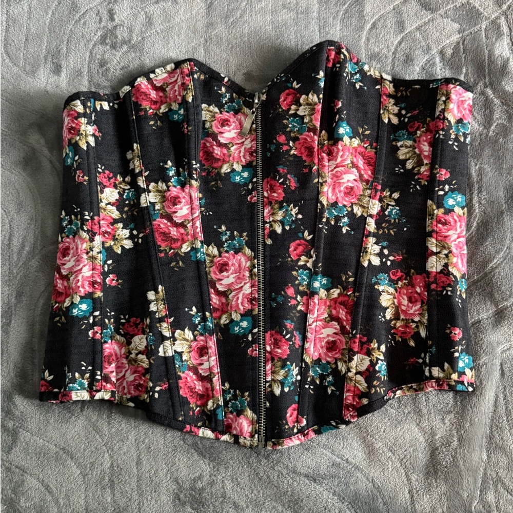 BNWOT Source Unknown Floral Corset - Black and Pink